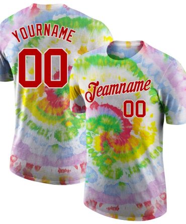 Custom Tie Dye Red-White 3D Performance T-Shirt, For Football, Baseball, Hockey, Basketball, Softball & Rugby Fans
