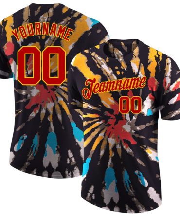 Custom Tie Dye Red-Gold 3D Performance T-Shirt, For Football, Baseball, Hockey, Basketball, Softball & Rugby Fans