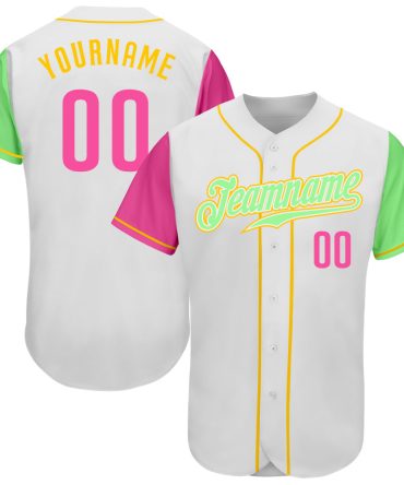 Custom White Pink Pea Green-Gold Two Tone Baseball Jersey, Gift For Baseball Fans