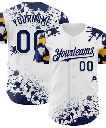 Custom White Navy-Yellow Splatter Camo Two Tone Baseball Jersey, Gift For Baseball Fans
