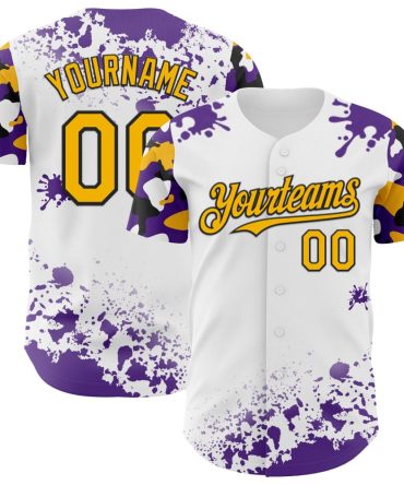 Custom White Gold Black-Purple Splatter Camo Two Tone Baseball Jersey, Gift For Baseball Fans