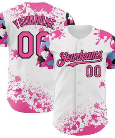Custom White Pink Black-Blue Splatter Camo Two Tone Baseball Jersey, Gift For Baseball Fans