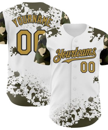 Custom White Old Gold Black-Olive Splatter Camo Two Tone Baseball Jersey, Gift For Baseball Fans