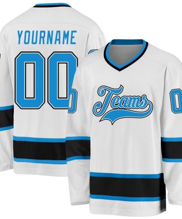 Custom White Blue-Black Hockey Jersey, Gift For Hockey Fans