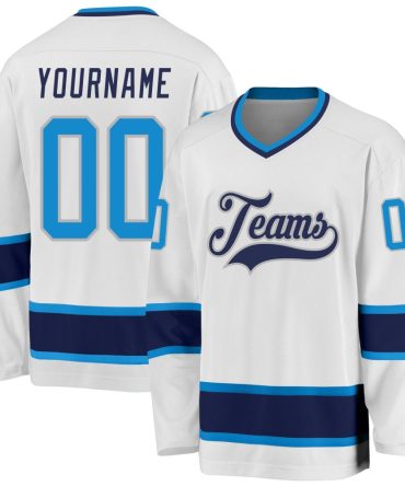 Custom White Blue-Navy Hockey Jersey, Gift For Hockey Fans