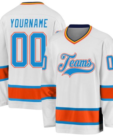 Custom White Blue-Orange Hockey Jersey, Gift For Hockey Fans