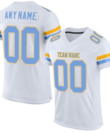 Custom White Light Blue-Gold Football Jersey, Gift For Football Fans