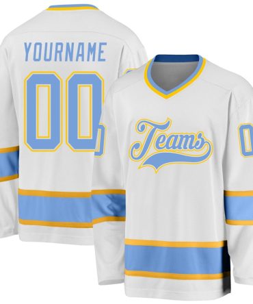 Custom White Light Blue-Gold Hockey Jersey, Gift For Hockey Fans
