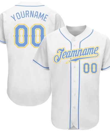 Custom White Light Blue-Gold Baseball Jersey, Gift For Baseball Fans