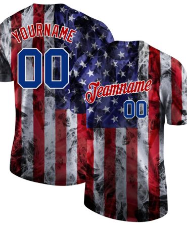 Custom White Royal-Red 3D American Flag Performance T-Shirt, For Football, Baseball, Hockey, Basketball, Softball & Rugby Fans