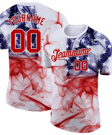 Custom White Red-Purple 3D American Flag Performance T-Shirt, For Football, Baseball, Hockey, Basketball, Softball & Rugby Fans