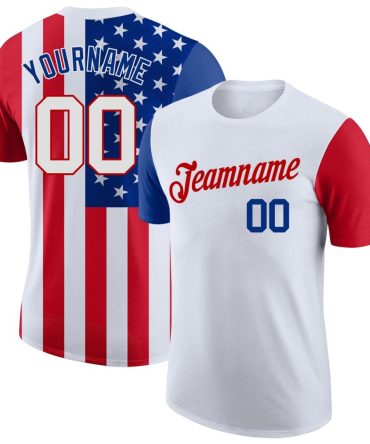 Custom White White-Red 3D American Flag Performance T-Shirt, For Football, Baseball, Hockey, Basketball, Softball & Rugby Fans