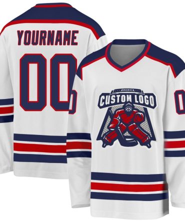 Custom White Navy-Red Hockey Jersey, Gift For Hockey Fans
