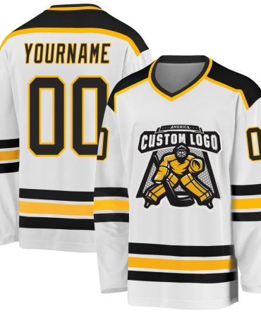 Custom White Black-Gold Hockey Jersey, Gift For Hockey Fans