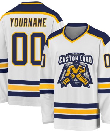 Custom White Navy-Gold Hockey Jersey, Gift For Hockey Fans