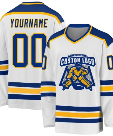 Custom White Royal-Gold Hockey Jersey, Gift For Hockey Fans
