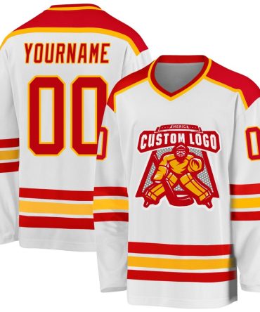 Custom White Red-Gold Hockey Jersey, Gift For Hockey Fans