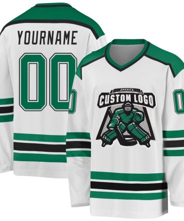 Custom White Kelly Green-Black Hockey Jersey, Gift For Hockey Fans