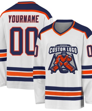Custom White Navy-Orange Hockey Jersey, Gift For Hockey Fans