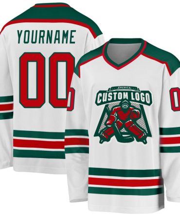 Custom White Red-Green Hockey Jersey, Gift For Hockey Fans