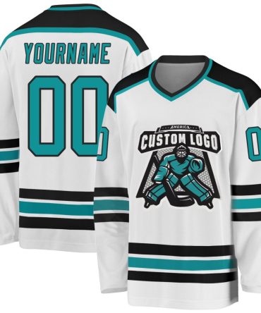 Custom White Aqua-Black Hockey Jersey, Gift For Hockey Fans