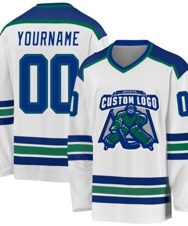 Custom White Royal-Kelly Green Hockey Jersey, Gift For Hockey Fans
