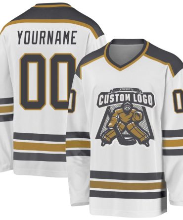 Custom White Steel Gray-Old Gold Hockey Jersey, Gift For Hockey Fans