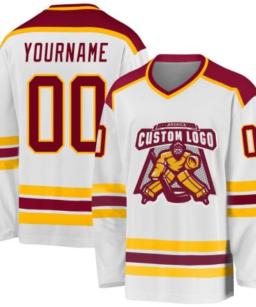 Custom White Maroon-Gold Hockey Jersey, Gift For Hockey Fans