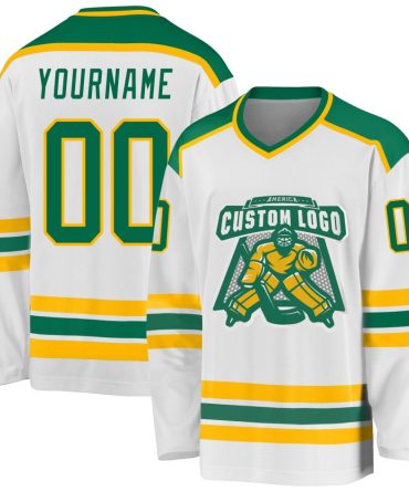 Custom White Kelly Green-Gold Hockey Jersey, Gift For Hockey Fans