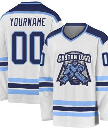 Custom White Navy-Light Blue Hockey Jersey, Gift For Hockey Fans