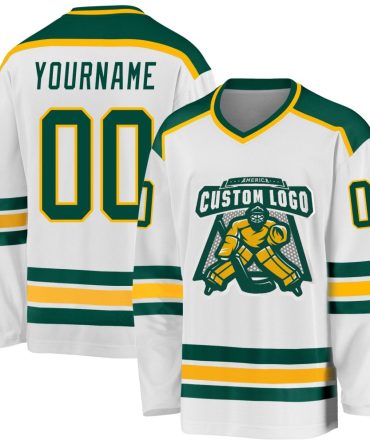 Custom White Green-Gold Hockey Jersey, Gift For Hockey Fans