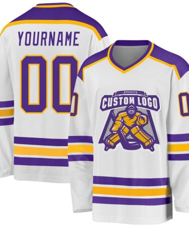 Custom White Purple-Gold Hockey Jersey, Gift For Hockey Fans