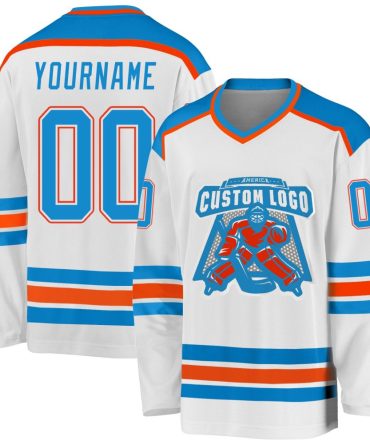 Custom White Blue-Orange Hockey Jersey, Gift For Hockey Fans