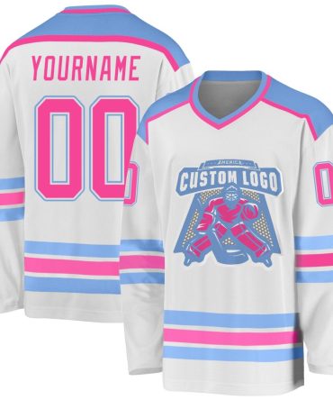 Custom White Pink-Light Blue Hockey Jersey, Gift For Hockey Fans