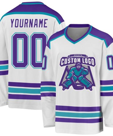 Custom White Purple-Teal Hockey Jersey, Gift For Hockey Fans