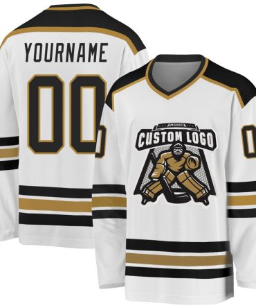 Custom White Black-Old Gold Hockey Jersey, Gift For Hockey Fans