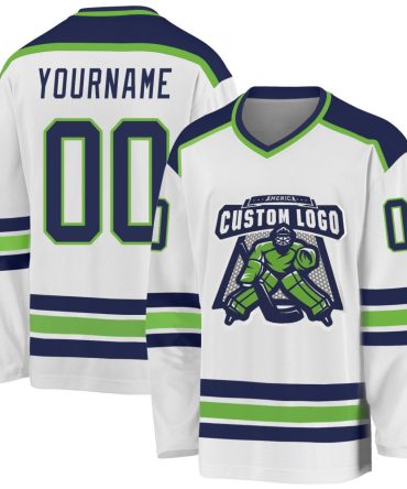 Custom White Navy-Neon Green Hockey Jersey, Gift For Hockey Fans