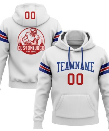 Custom White Red-Royal Football Pullover Sweatshirt Hoodie, Gift For Football, Baseball, Hockey, Basketball, Softball & Rugby Fans
