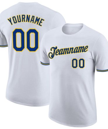 Custom White Royal-Gold Performance T-Shirt, For Football, Baseball, Hockey, Basketball, Softball & Rugby Fans