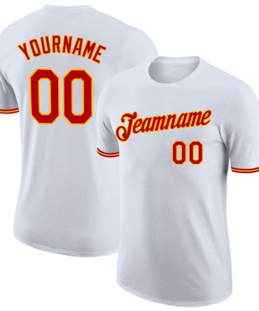 Custom White Red-Gold Performance T-Shirt, For Football, Baseball, Hockey, Basketball, Softball & Rugby Fans