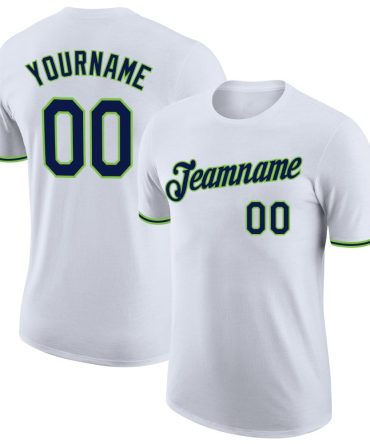 Custom White Navy-Neon Green Performance T-Shirt, For Football, Baseball, Hockey, Basketball, Softball & Rugby Fans