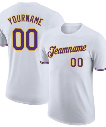 Custom White Purple-Gold Performance T-Shirt, For Football, Baseball, Hockey, Basketball, Softball & Rugby Fans