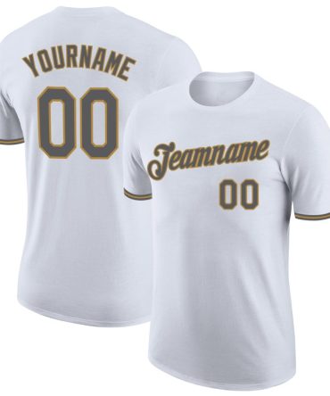 Custom White Steel Gray-Old Gold Performance T-Shirt, For Football, Baseball, Hockey, Basketball, Softball & Rugby Fans