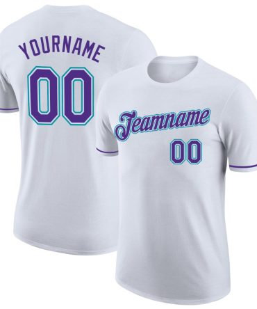 Custom White Purple-Teal Performance T-Shirt, For Football, Baseball, Hockey, Basketball, Softball & Rugby Fans