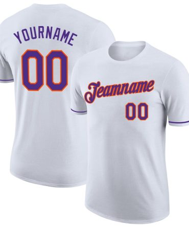 Custom White Purple-Orange Performance T-Shirt, For Football, Baseball, Hockey, Basketball, Softball & Rugby Fans