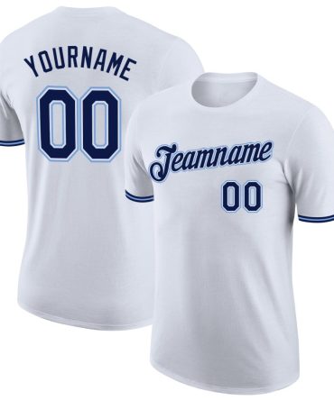 Custom White Navy-Powder Blue Performance T-Shirt, For Football, Baseball, Hockey, Basketball, Softball & Rugby Fans