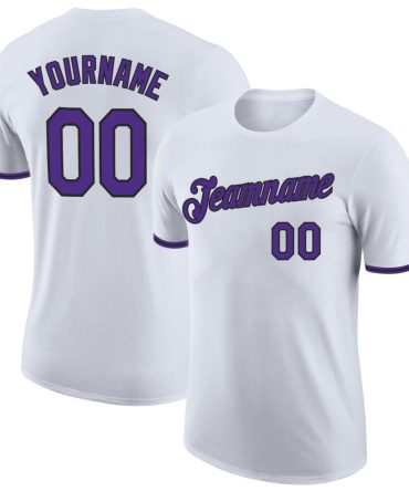 Custom White Purple-Black Performance T-Shirt, For Football, Baseball, Hockey, Basketball, Softball & Rugby Fans