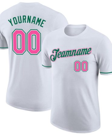 Custom White Pink-Kelly Green Performance T-Shirt, For Football, Baseball, Hockey, Basketball, Softball & Rugby Fans