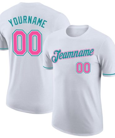 Custom White Pink-Teal Performance T-Shirt, For Football, Baseball, Hockey, Basketball, Softball & Rugby Fans