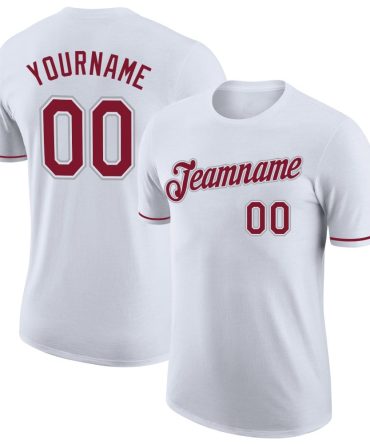 Custom White Crimson-Gray Performance T-Shirt, For Football, Baseball, Hockey, Basketball, Softball & Rugby Fans